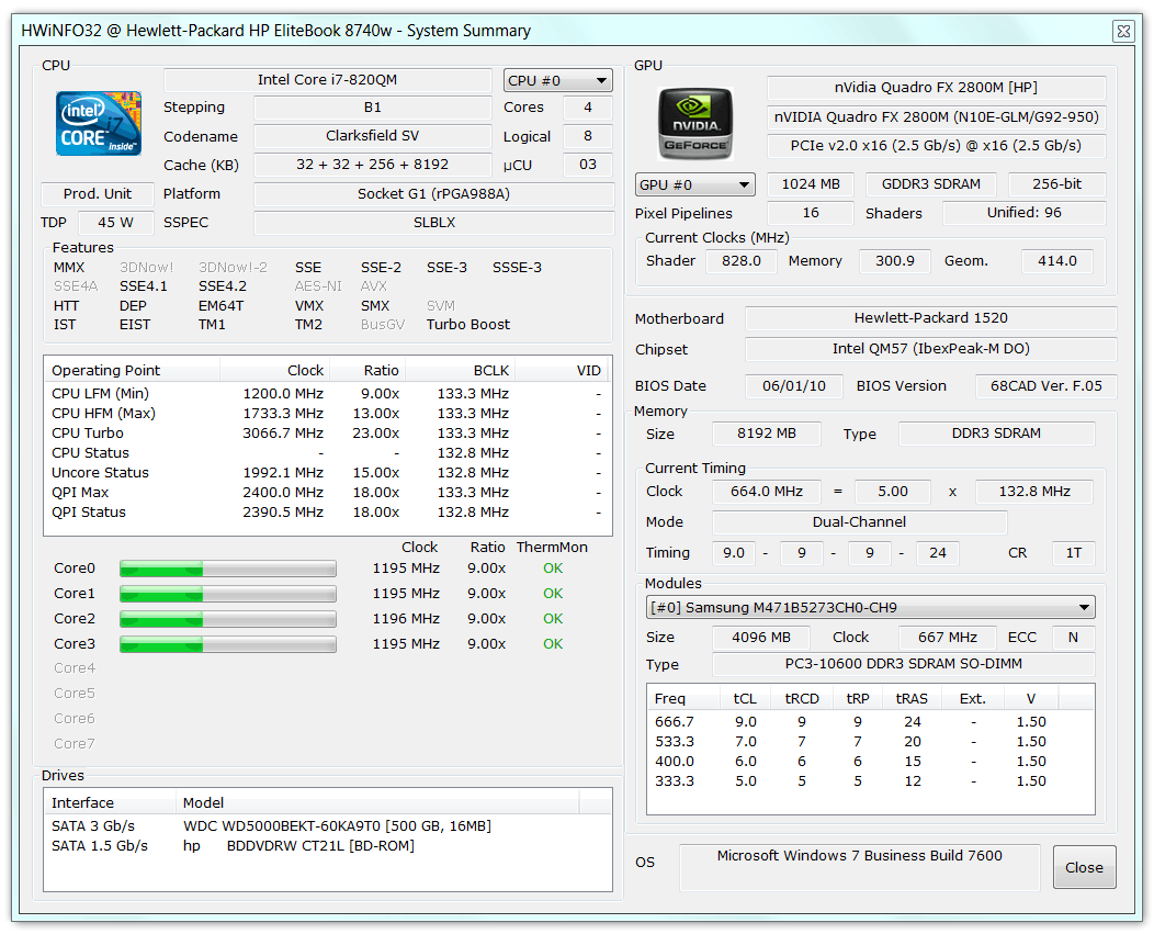 مشخصات سی پی یو hp 8740p i7 820QM