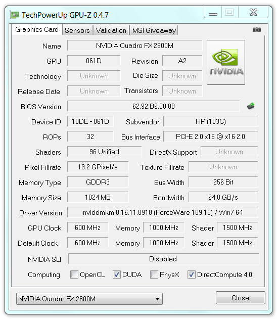 مشخصات کارت گرافیک nvidia quadro fx 2800m